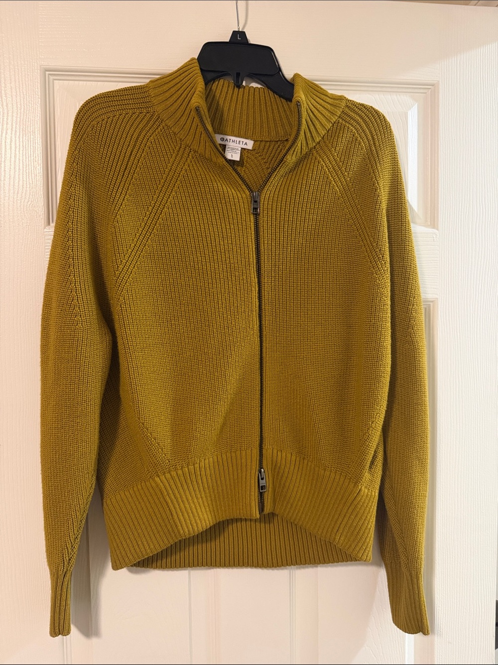 Athleta Olive-Mustard Zip Front Ribbed Knit Cardigan